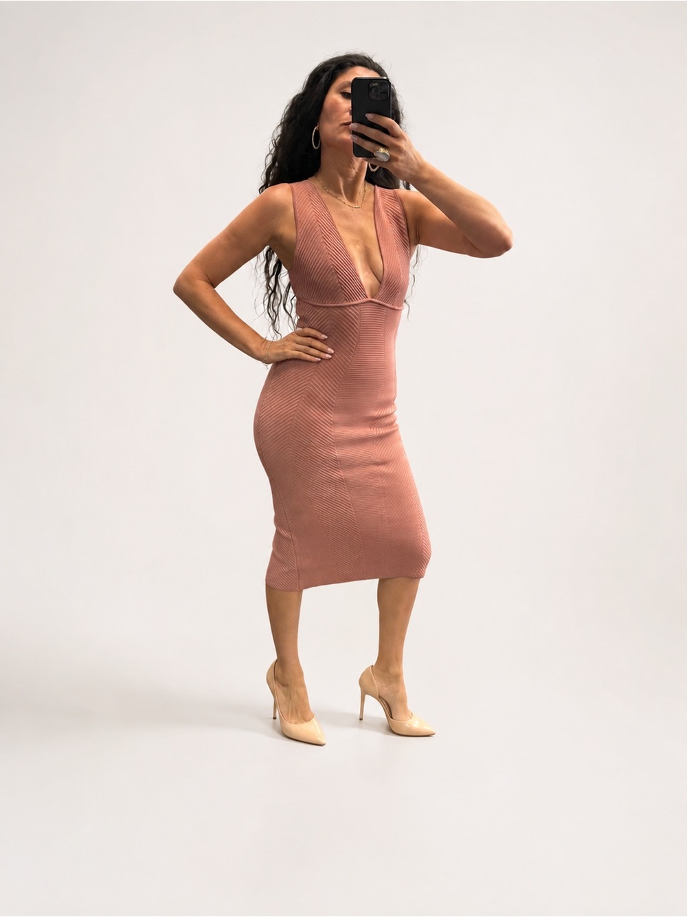 Herve Leger Dusty Rose Sleeveless V-Neck Midi Dress Terracota NWT